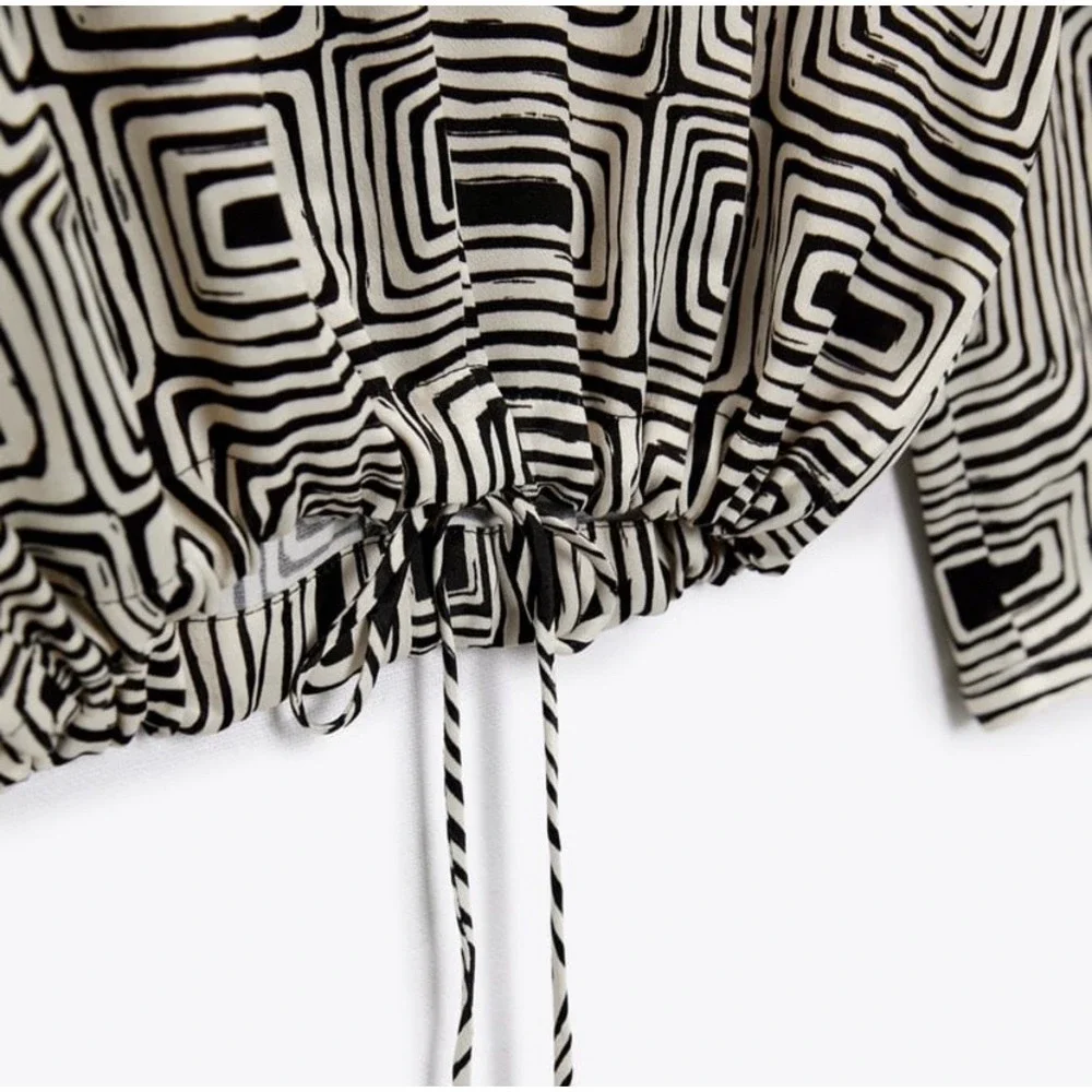 NWT ZARA M Blouse‎ Womens Black/Beige Geometric Print Drawstring Casual Office